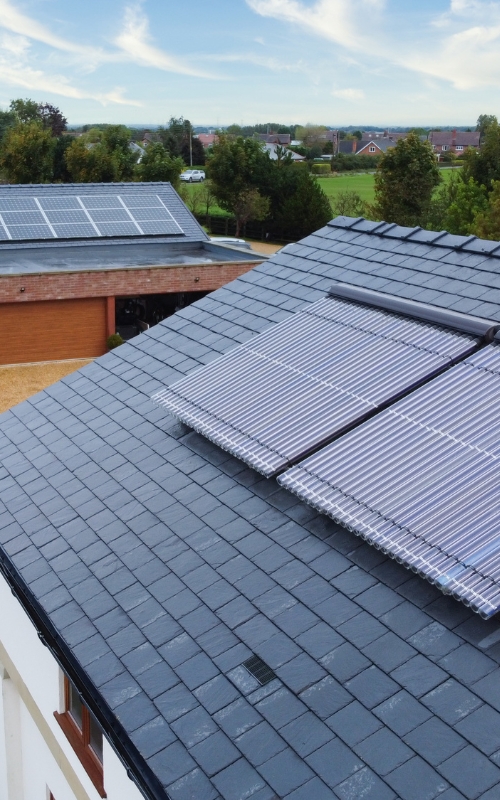 Solar heating and PV panels.